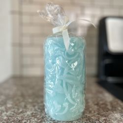 Beautiful Wrapped Carved Aqua Candle 
