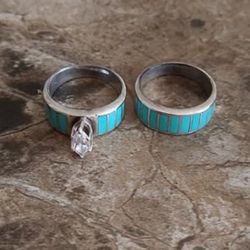 ELLA COWBOY Navajo TURQUOISE AND MARQUIS CZ WEDDING RING SET 5 1/2