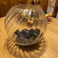 Beautiful Glass Bowl / Candle  Holder Vase   With Black Rocks 