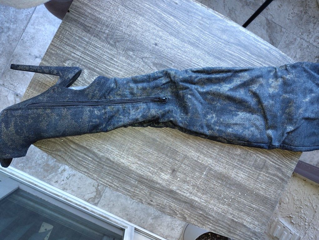 Women's Jean Open Toe Thigh High Boots