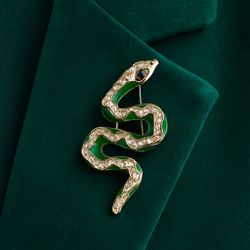 Vintage 1990s Green Enamel Rhinestone Snake Brooch, 2x0.75”