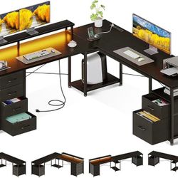 66" L Shaped Computer Desk, 113“ Reversible Home Office Desk with File Cabinet & 4 Fabric Drawers, Two Person Desk with LED Lights & Power Outlet, Cor