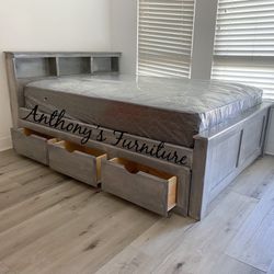 New Solid Wood Queen Bed & Bamboo Mattress + Drawers 