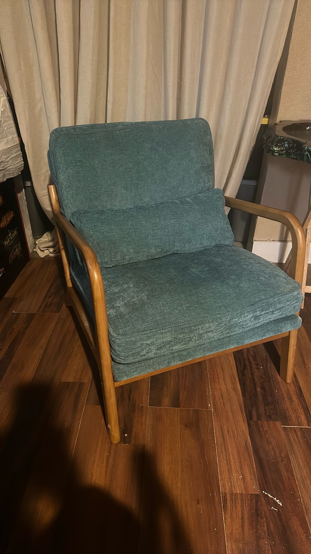 Mid-Century Modern Oak Armrest Single Lounge Chair, Teal Linen Upholstered Solid Wood Accent Chair for Living Room Study Balcony