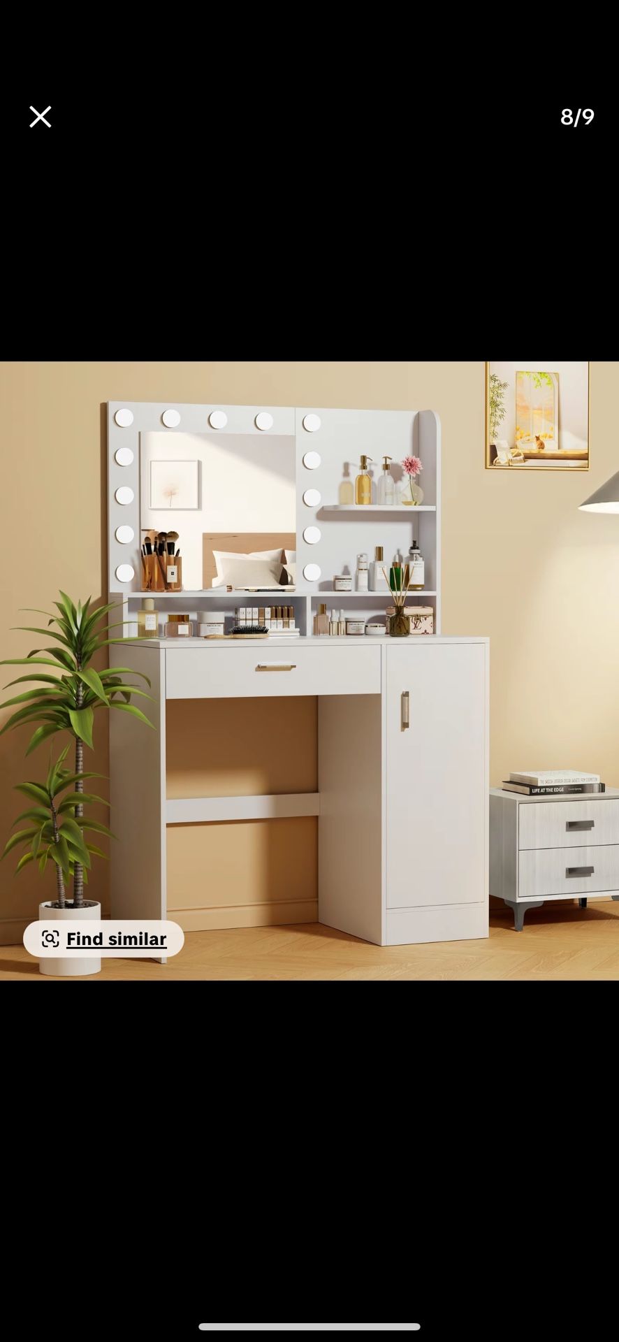White Vanity Desk With Mirror Light And Shelves