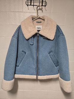 Zara Denim Aviator Jacket / Sherpa Coat / Blue Biker / Size M