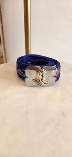 Brand New Vintage Southwestern Hand-Beaded Blue Belt w/ Cowboy Boot Metal Buckle