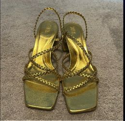 New Zara Metallic Gold Braided Heeled Sandals – Size 8
