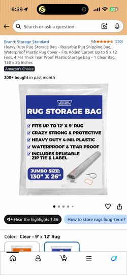 Heavy Duty Rug Storage Bag 9x12 Waterproof 4 Mil Clear Rug Cover NEW