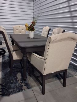 Dark Wood Dining Table with 6 Upholstered Chairs