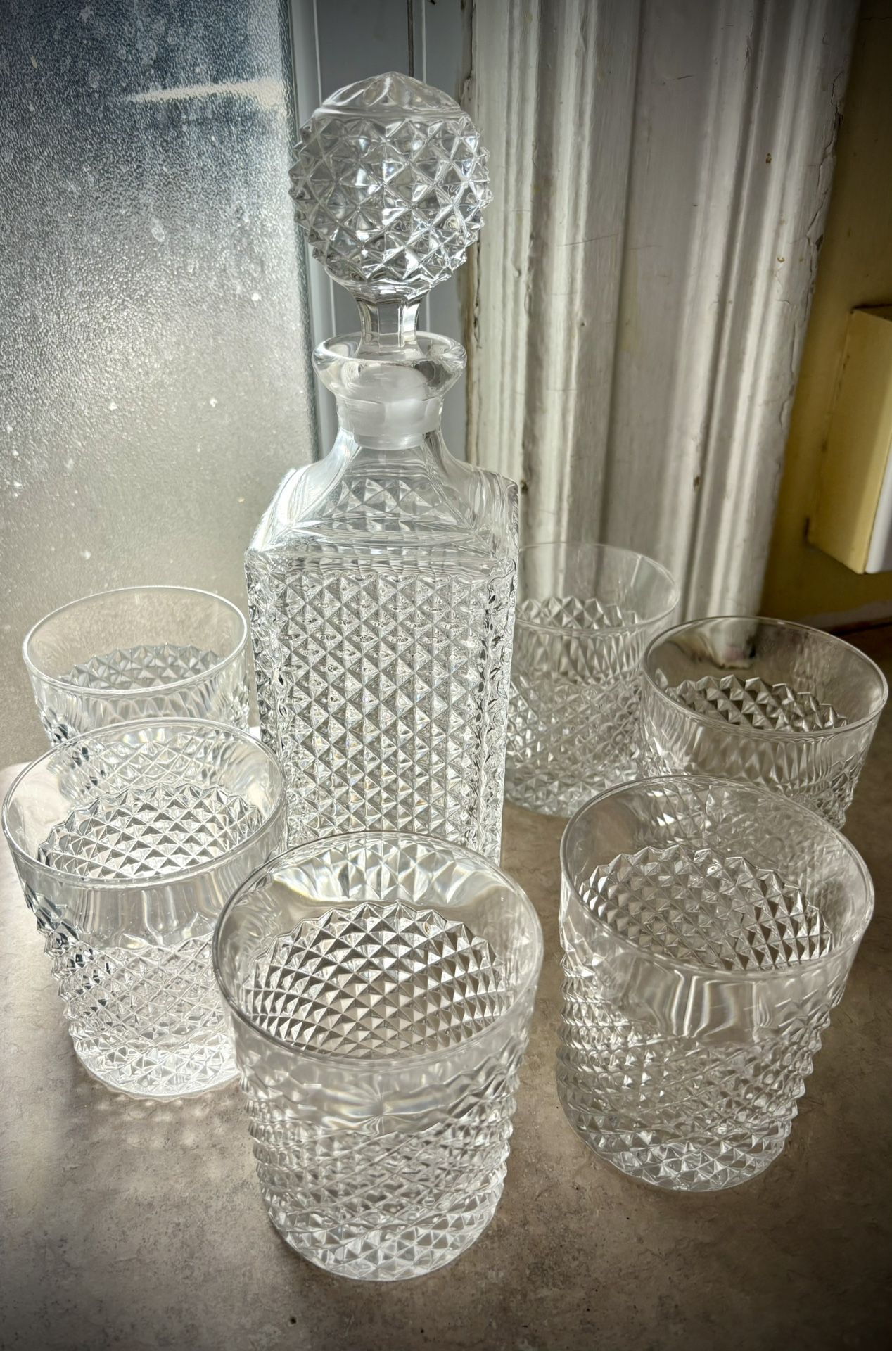 Mid-Century lead Crystal diamond cut Glasses and decanter set , 1950s,