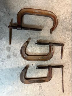 (3) Antique heavy-duty C-clamps. Jorgensen 9” and 7” Cincinnati Tool Company 7”. All three are missing swivel pad.