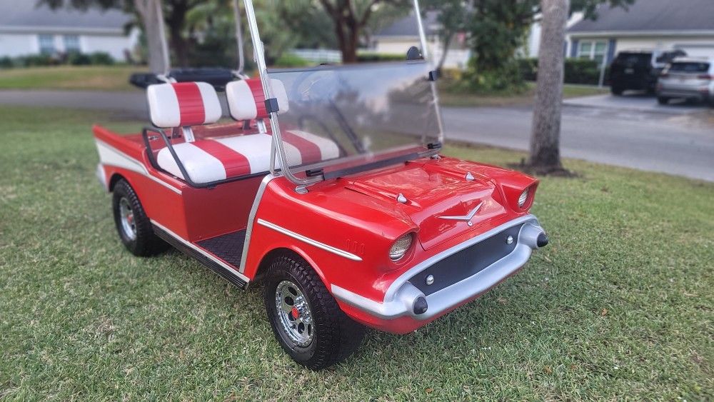 Custom 57 Chevrolet Bell-air Golf Cart body kit in a 48v aluminum frame club car ds.