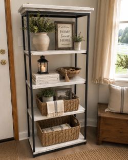 Farmhouse 4-Tier Bookshelf | Real Wood & Black Metal | Rustic Storage Shelf