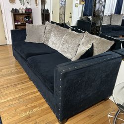 3-Set Of West Elm Andes Blue Velvet Sofas & Matching Carpet (if Needed)