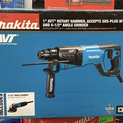 Makita 8 Amp 1 in. Corded SDS-Plus Concrete/Masonry AVT Rotary Hammer Drill with 4-1/2 in. Corded Angle Grinder with Hard Case 