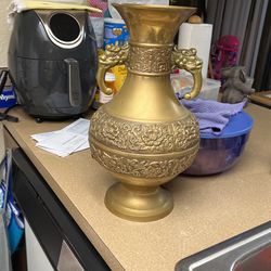 2 Large Antique Handmade Engraved Solid Brass Vase with Foo Dragon Handles 15”