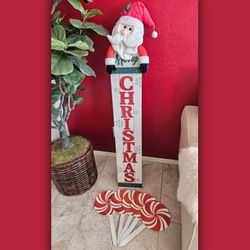 Merry Christmas Santa Wooden Porch Sign and 5 Swirl Candy Wooden Stakes 🎅✨️🍬 
