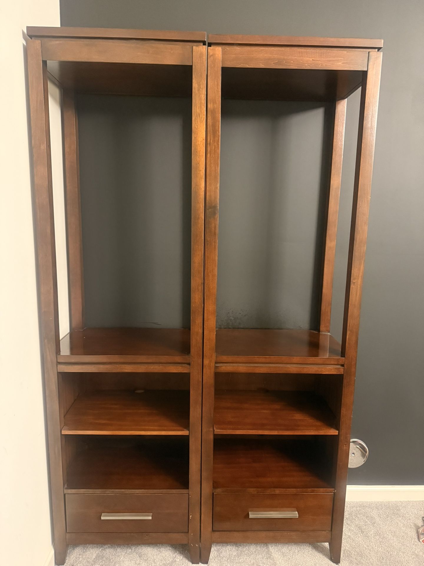 Two (Set) Wood Etagere Cabinets With Glass Shelving