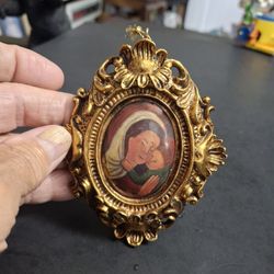 Ornate Picture Frame Ornament Featuring The Virgin Mary And Baby Jesus, Resin Painted In Antiqued Gold 4" X 3.5"