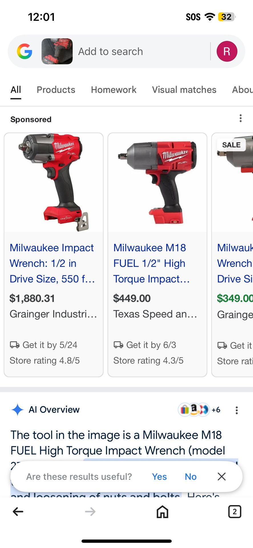 Milwaukee Impact Wrench. 1/2 Square Ring
