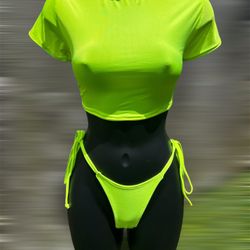 Bikini Custom Bikini Neon Green Crop top String Bikini 