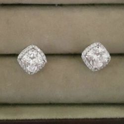Elegant Cushion Cut Diamond Halo Silver Earrings