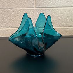 Vintage Viking Bluenique Glass Handkerchief Candle Holder / Vase / Candy Dish
