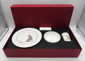 Cartier Panthère Porcelain 3-Piece Set Plate Bowl Cup Gift Box France NIB
