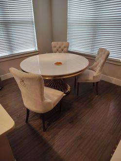 Queen size bed no mattress, dining room table with three chairs, two-piece sofa set