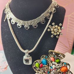 #2109, ART DECO, ARTISAN, SILVER PLATED RETRO, RHINESTONES  LOT, 4 ITEMS
