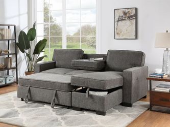 Reversible Sofa Sleeper Sectional with Storage Chaise in Dark Grey Fabric