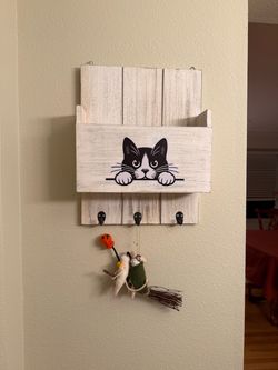 Wooden Cat Wall Key Holder with Mail Slot