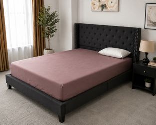 Modern Upholstered Platform Bed Frame with Tufted Wingback Headboard, Nailhead Trim & Strong Support, Charcoal Gray