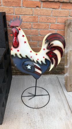 Metal Rooster Garden Statue and Cactus