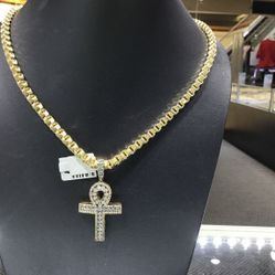 10k Gold With Diamond Ank Pendant With Alezander Chain 