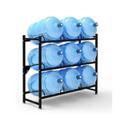 Rack with 9 water jugs and caps