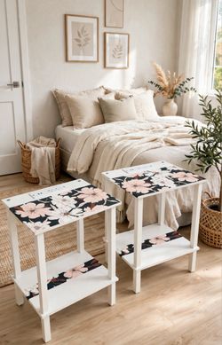 Set of 2 Nightstands with Charging Station (USB + Outlets) - 22" H - Peel & Stick Floral Removable