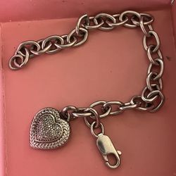 Vintage 925 Sterling Silver Diamond Heart 8 Inches Bracelet
