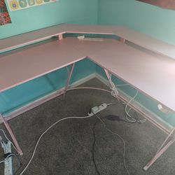 Pink Gaming Desk With LED Lights And Headphones Holders Cup Holder And Remote Control 
