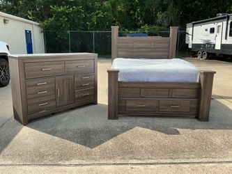 Queen bed frame with dresser, mattress, and boxspring