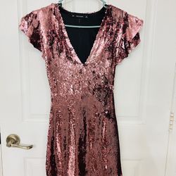 ZARA pink Sequins & Deep V Neck Sexy SHeath Dress Size Xs
