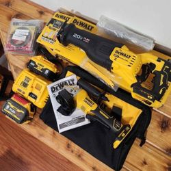Dewalt 20V 'Max XR' Angle Grinder, reciprocating Saw, Batteries, Charger, Accessories.