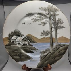 Hand Painted Victoria Austria 9.75" Porcelain Plate Lake Cabin Scene Trees Birds