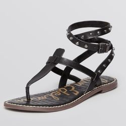 SAM EDELMAN Black Leather Gabriela Gladiator T Strap Studded Ankle Wrap Sandals
