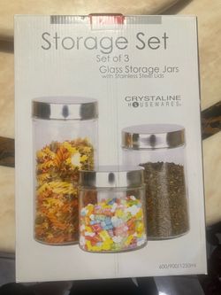BRAND NEW Crystalline Housewares Glass Storage Jars (Set of 3)