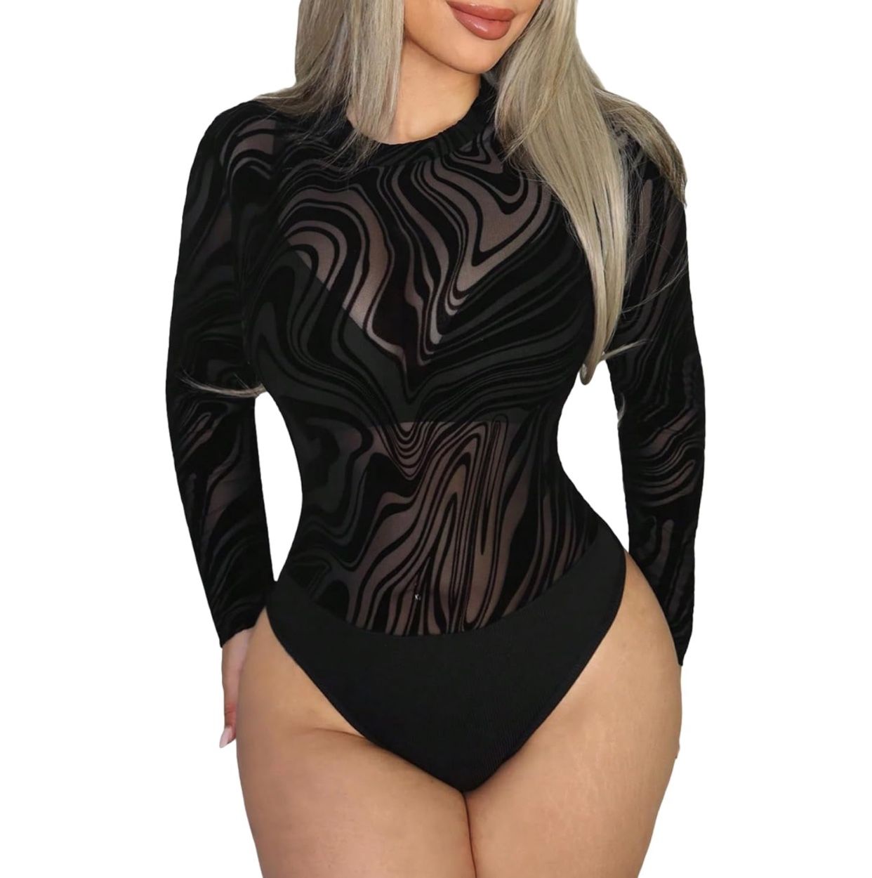 Marble Print Mesh Long Sleeve Bodysuit