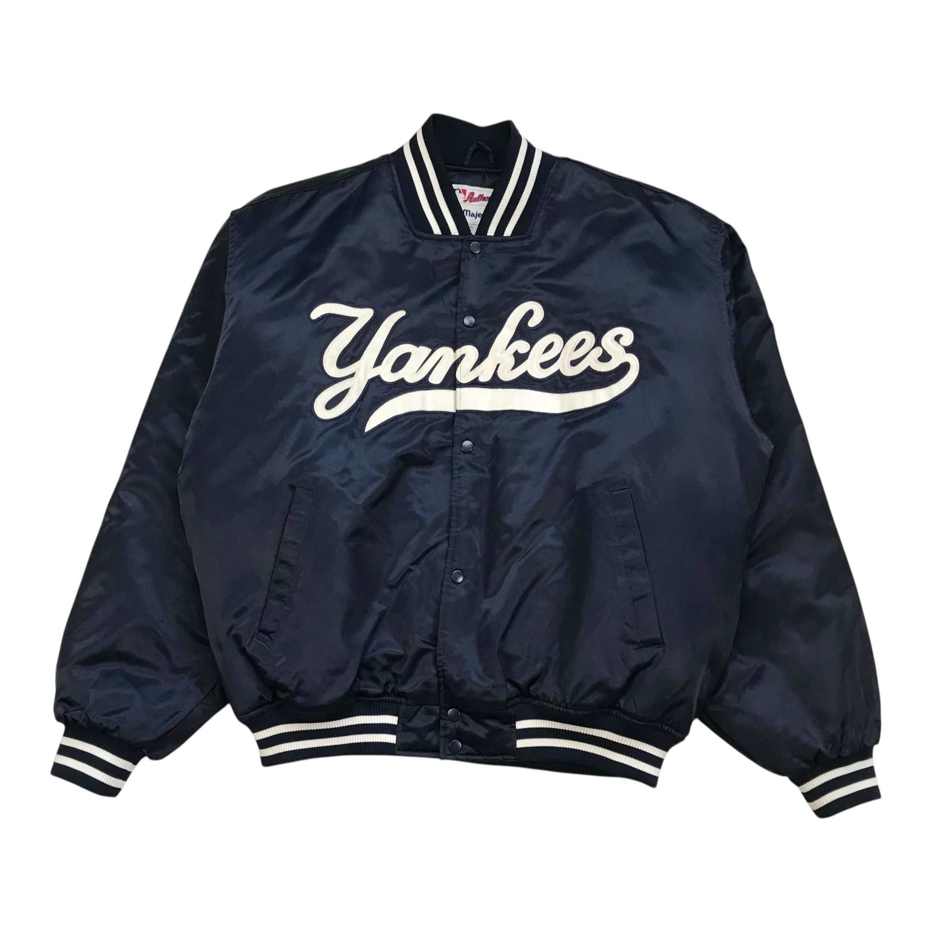 Vintage Majestic New York Yankees Satin Bomber Jacket 2XL XXL Script Logo Jeter