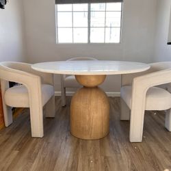 Contemporary Round Dining Table Oak Finish With White Marble Top 48” - Free Delivery ✅ Modern Dining Table
