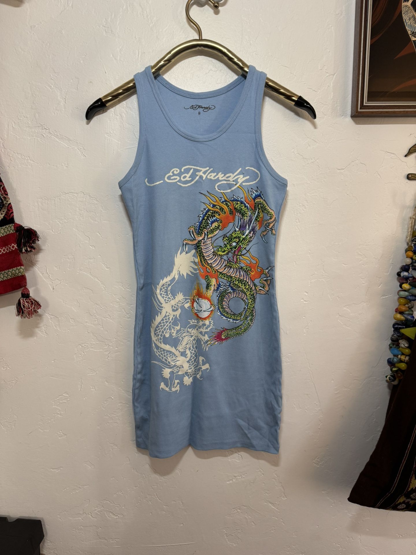 ED HARDY SZ SMALL RIBBED TANK MINI DRESS TUNIC DRAGON LIGHT BLUE LIKE NEW